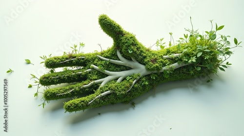 Moss-covered hand with tree-like roots