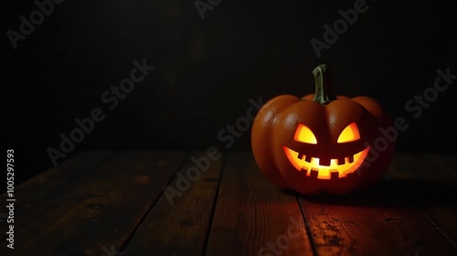 Glowing jack-o'-lantern on dark wooden table