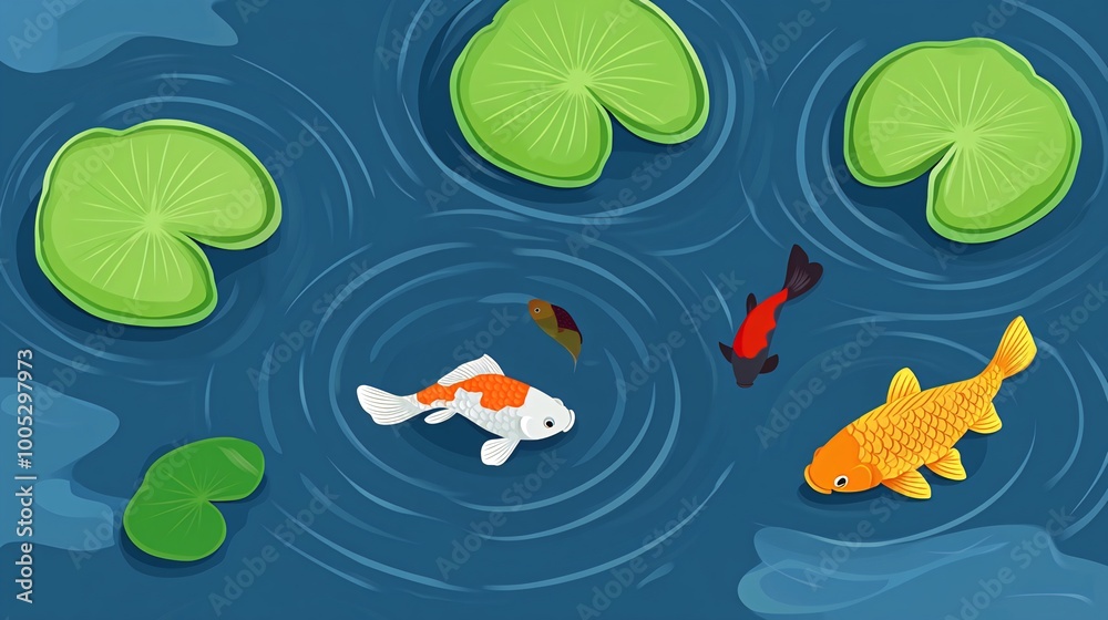 Top view of a pond with koi fish, lily pads, and water ripples. Top view of a pond with koi fish, lily pads, and water ripples.