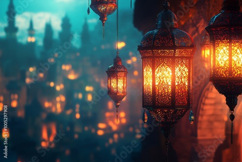 Elegant arabic lantern illuminating a ramadan night cityscape with cultural vibes photo