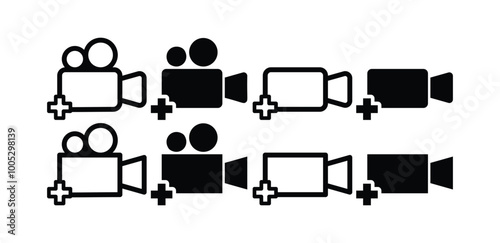 set of add video media plus sign icon vector design simple flat black white color illustration collection isolated