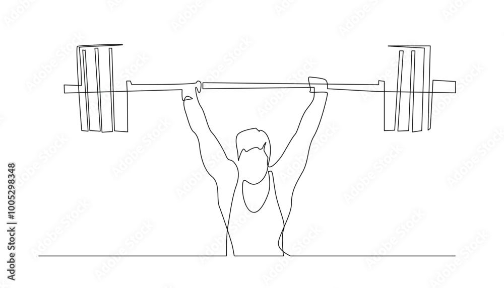 Naklejka premium continuous line drawing of man weightlifting .single line lifting barbell in gym studio.isolated white background