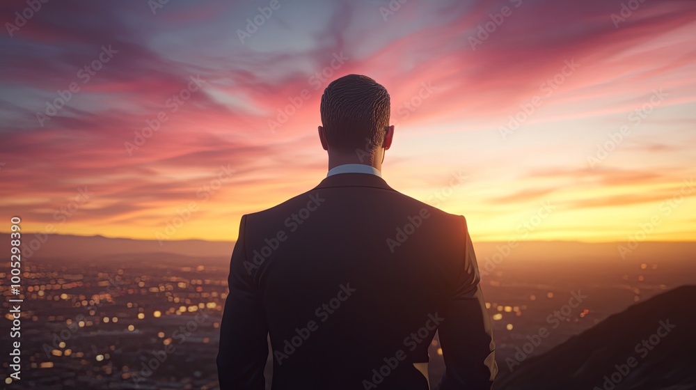 A businessman stands on a hilltop overlooking a cityscape at sunset, looking at the horizon. A businessman stands on a hilltop overlooking a cityscape at sunset, looking at the horizon.