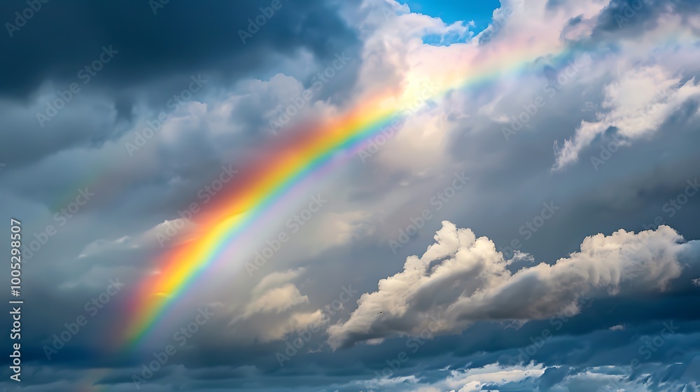 A rainbow emerging from dark clouds after a heavy rain, creating a stunning backdrop. A rainbow emerging from dark clouds after a heavy rain, creating a stunning backdrop.