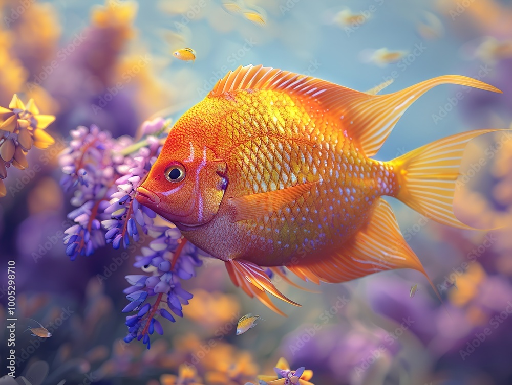 Vibrant Orange Fish Swimming Through Coral Reef Vibrant Orange Fish Swimming Through Coral Reef