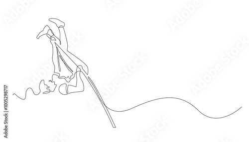 continuous line pole vault sport.single line vector athlete pole vault jump.isolated white background