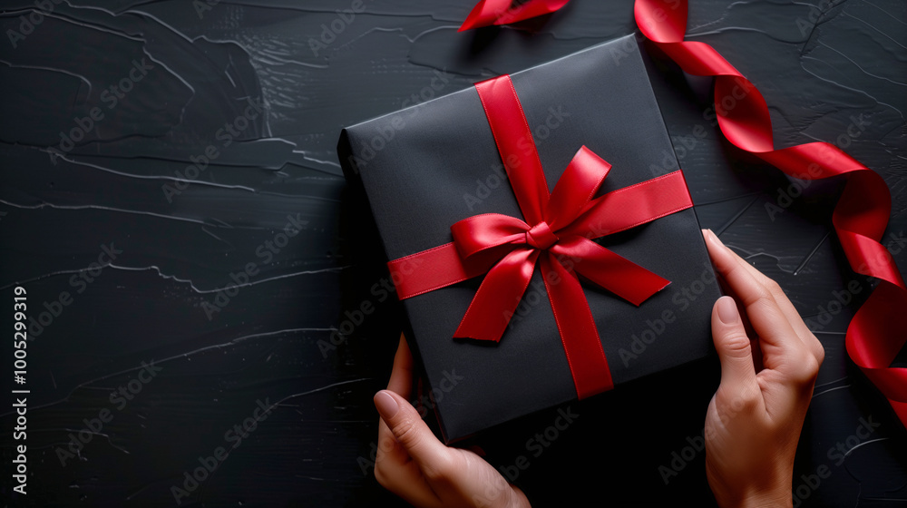 Close-up of hands holding a black gift box with red ribbon on a black background with copy space for text for Black Friday event. Close-up of hands holding a black gift box with red ribbon on a black background with copy space for text for Black Friday event.