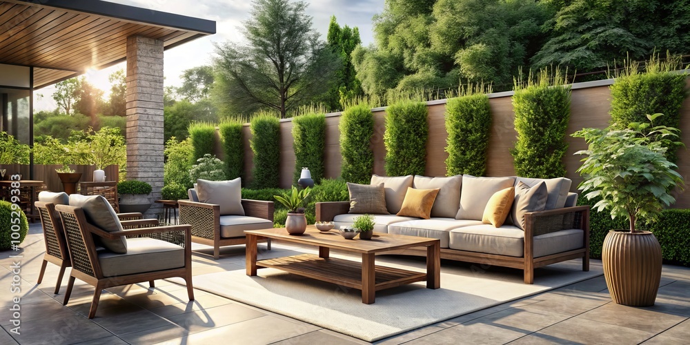 A sleek outdoor furniture collection transforms a modern patio into an elegant retreat, beautifully framed by vibrant A sleek outdoor furniture collection transforms a modern patio into an elegant retreat, beautifully framed by vibrant
