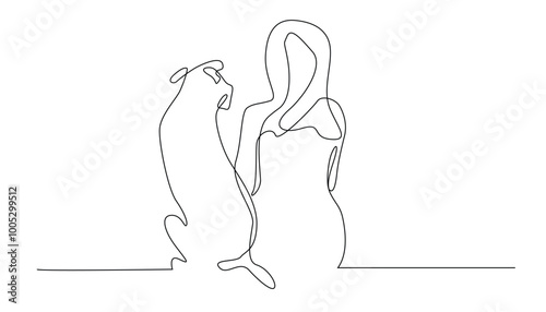 vector continuous line of friendship of woman with dog.single line drawing of woman sitting with dog.isolated white background