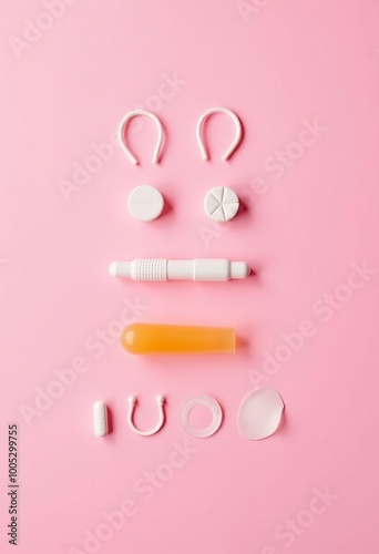 Birth Control Options: Flat Lay of Contraceptive Pills, Condoms, and IUD 