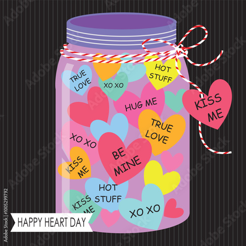 Happy valentine's day card with colorful hearts in the jar