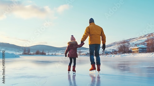 Generative AI Image of Father and Child Enjoy Ice Skating Together on Frozen Lake at Bright Day photo