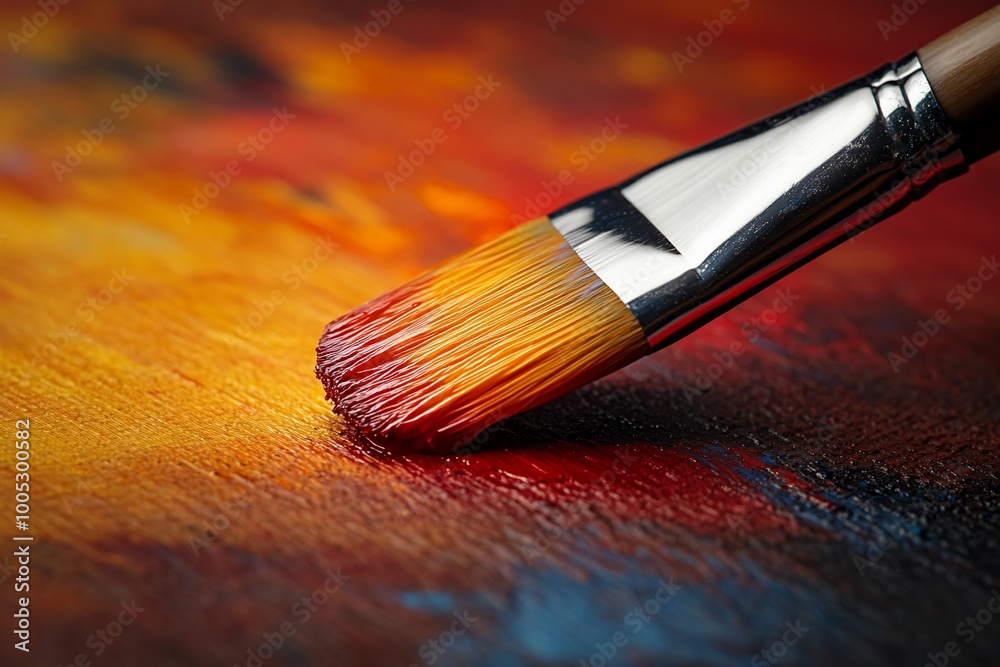 Fototapeta premium A paintbrush with red paint on it is resting on a canvas with red, orange, and yellow paint.