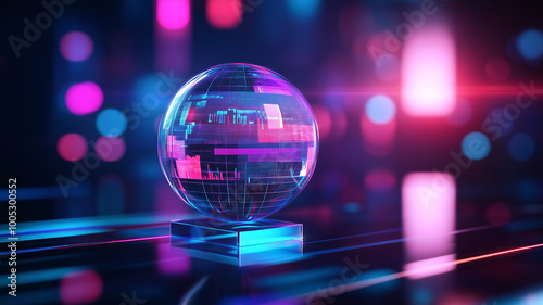 holographic globe representing data analysis and business intelligence, illuminated by vibrant neon lights, creates futuristic atmosphere. 