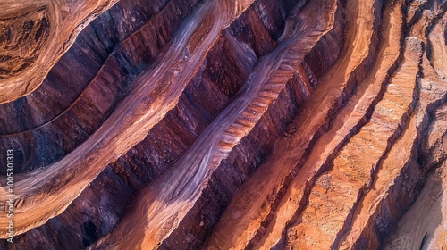 Aerial view of a large open pit mine with layers of excavated earth.