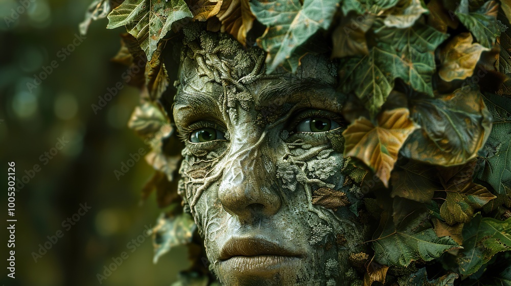 Close-Up Portrait of a Human Face Transformed into Nature Close-Up Portrait of a Human Face Transformed into Nature