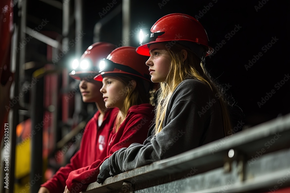 Three young people wearing hard hats and headlamps look out into the darkness. Three young people wearing hard hats and headlamps look out into the darkness.