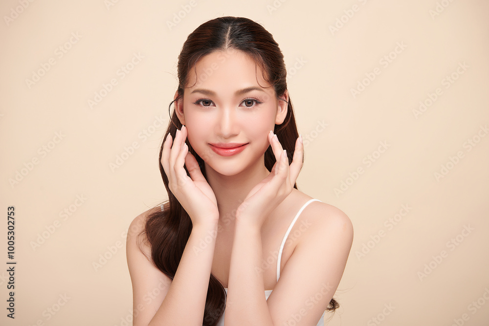 Beautiful young asian woman with clean fresh skin on beige background, Face care, Facial treatment, Cosmetology, beauty and spa, Asian women portrait. Beautiful young asian woman with clean fresh skin on beige background, Face care, Facial treatment, Cosmetology, beauty and spa, Asian women portrait.