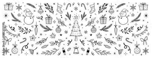 Christmas drawn holly line decor, pine branch, snowflake background. Hand drawn doodle sketch holly floral, christmas tree leaves, winter pine. Holiday ornament sketch doodle. Vector illustration