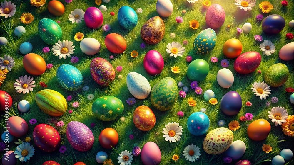 Brightly colored Easter eggs sit nestled in a flourishing green field, surrounded by the charm of nature and Brightly colored Easter eggs sit nestled in a flourishing green field, surrounded by the charm of nature and