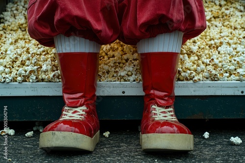 Red Boots Stepping on Scattered Popcorn photo