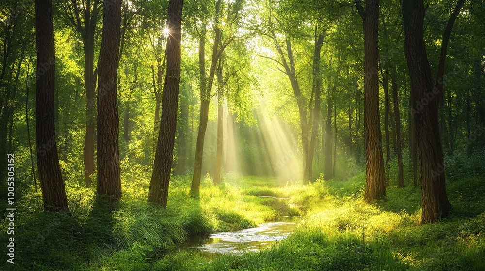 Fototapeta premium Sunlight streams through a dense forest, illuminating a winding stream.