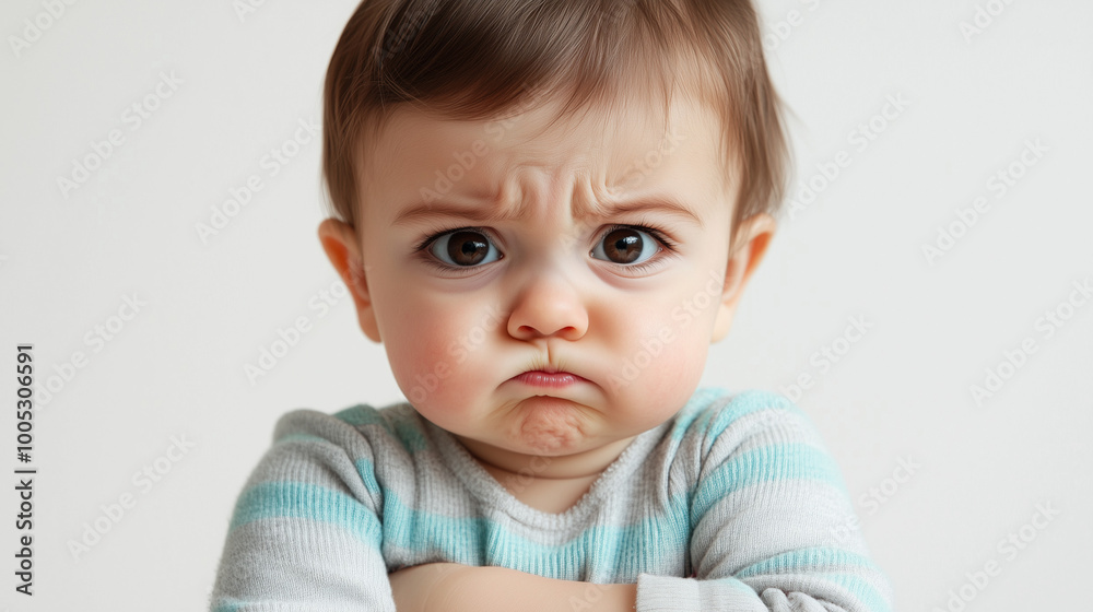 An expressive toddler frowning and pouting, with their arms crossed in frustration An expressive toddler frowning and pouting, with their arms crossed in frustration