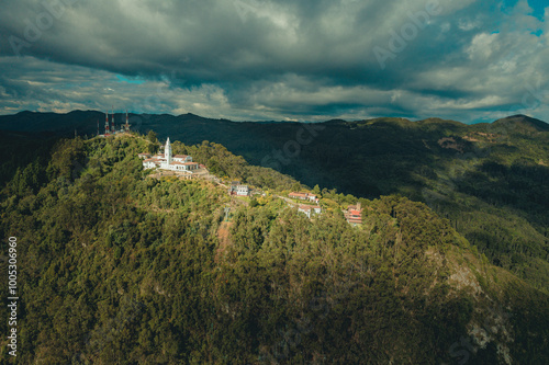 Vista aérea de los cerros de Monserrate y Guadalupe que rodean la ciudad de Bogotá.  photo