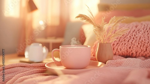 A cozy scene featuring a steaming cup on a soft blanket with decorative plants.