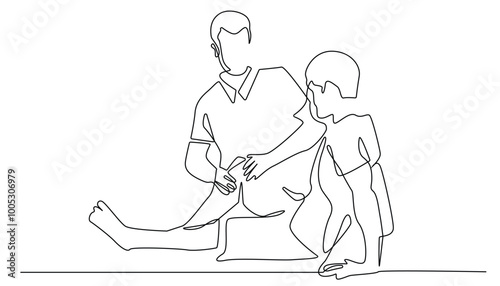 continuous line of knee injury.one line vector illustration of psychotherapy treatment healing injury to the knee.isolated white background