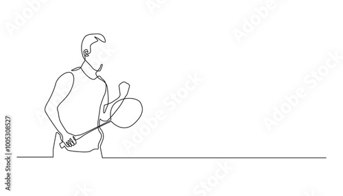 one continuous line drawing of celebratory stylish badminton athlete holding racket and clenching fist.single line vector illustration.isolated white background