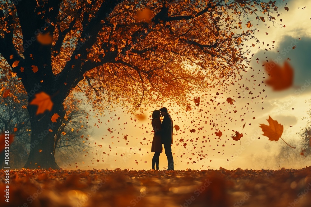 Silhouettes of a couple kissing under a tree with falling autumn leaves. Silhouettes of a couple kissing under a tree with falling autumn leaves.