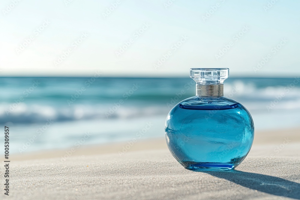 Close up of a glass pot-bellied bottle of blue perfume on the sandy shore of the ocean. In the background, the ocean surf and the horizon. with generative ai Close up of a glass pot-bellied bottle of blue perfume on the sandy shore of the ocean. In the background, the ocean surf and the horizon. with generative ai