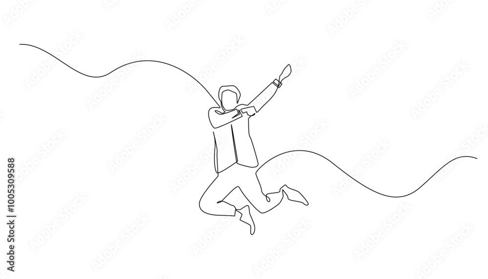 continuous line of business man jumping with flying style.success of young businessman in one line drawing continuous line of business man jumping with flying style.success of young businessman in one line drawing