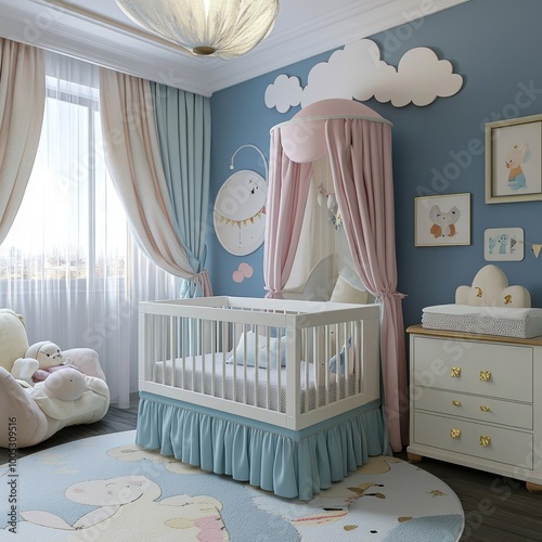 Charming nursery design featuring a cozy crib, soft colors, and playful decor for a peaceful baby environment. photo