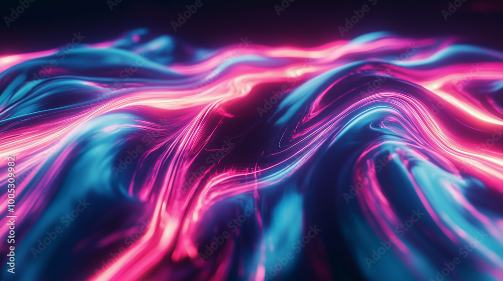An abstract blend of glowing, neon light trails swirling across a dark background, forming fluid An abstract blend of glowing, neon light trails swirling across a dark background, forming fluid