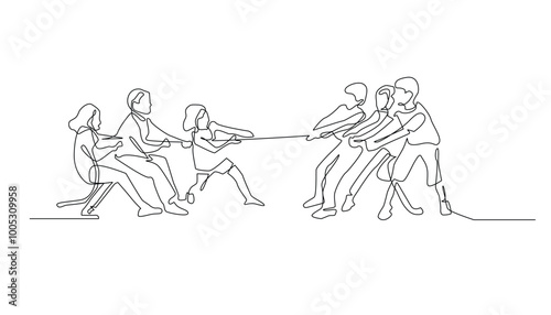 continuous line of children playing tug of war.drawing lines of childhood playing tug of war.team strength clashing.isolated white background
