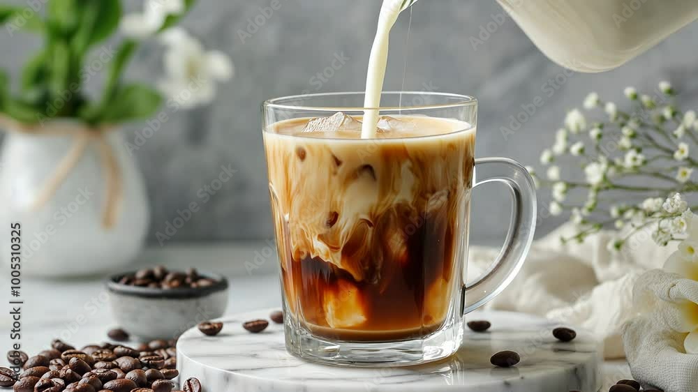 Iced Coffee with Milk Being Poured into Glass Iced Coffee with Milk Being Poured into Glass