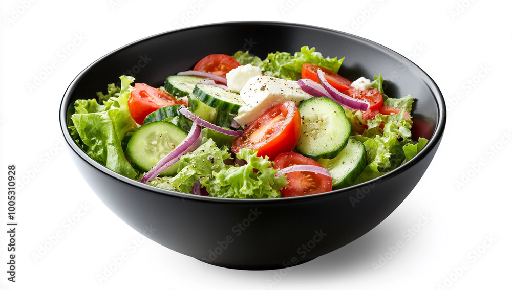 A black bowl of Greek salad with feta cheese, cucumber, and red onion on a white background.