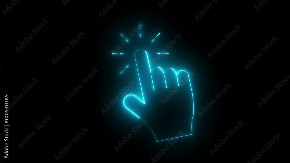 Hand icon animation by cyan color neon on black background. Hand icon animation by cyan color neon on black background.