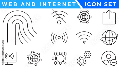 Wireless and Network vector line icon set. Contains linear outline icons like Connection, Signal, Internet, Phone, Radio, Computer, Wifi, Communication, Antenna. Editable use and stroke