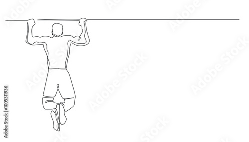 continuous line of sport Pull Ups.one line drawing of muscular man doing Pull Ups in sports venue.