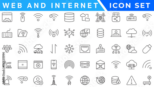 vWireless and Network vector line icon set. Contains linear outline icons like Connection, Signal, Internet, Phone, Radio, Computer, Wifi, Communication, Antenna. Editable use and stroke