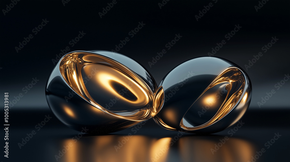 An abstract arrangement of smooth, metallic 3D shapes An abstract arrangement of smooth, metallic 3D shapes