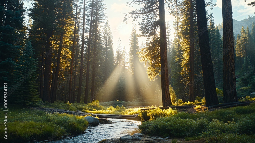 Fototapeta premium Sunbeams illuminate a forest stream and tall trees at sunrise.