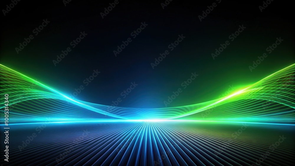 Naklejka premium Abstract black background with green blue neon lines fading into the distance, neon, lines, abstract, background,