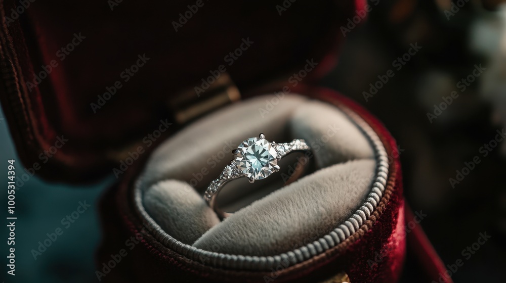 A diamond engagement ring in a luxurious velvet box, ready for a proposal. A diamond engagement ring in a luxurious velvet box, ready for a proposal.