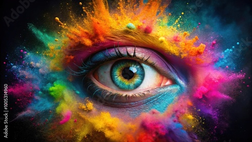 Human eye exploding in colorful powder, eye, explosion, colorful, powder, vibrant, abstract, surreal, artistic, explosion