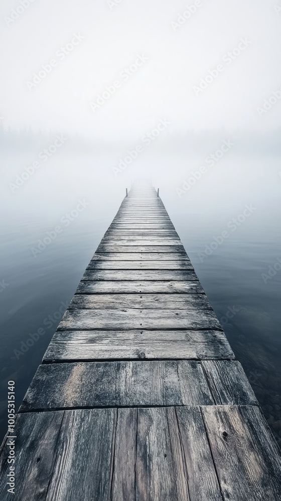 Obraz premium Wooden pier in foggy lake, tranquil morning