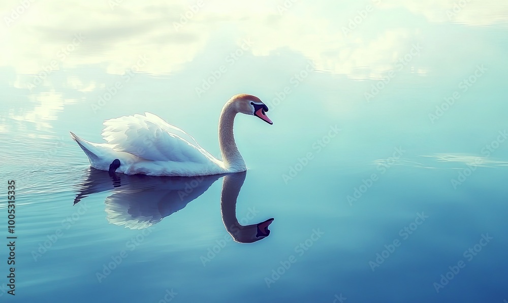 Fototapeta premium A graceful white swan swims on a calm blue lake with its reflection mirrored in the water, under a cloudy sky.